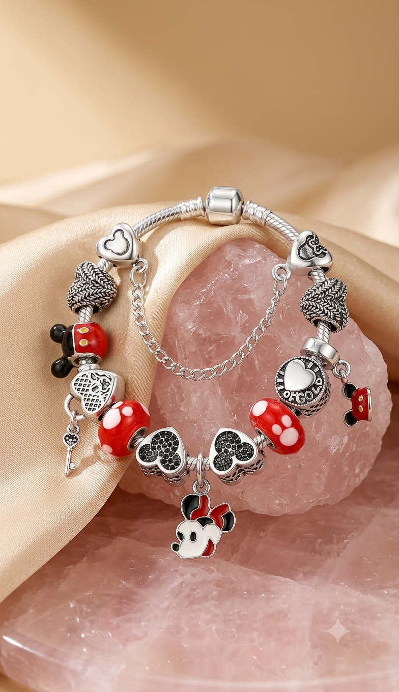 Vibrant Red &amp; Black Pavé Heart &amp; Mouse-Motif Bracelet