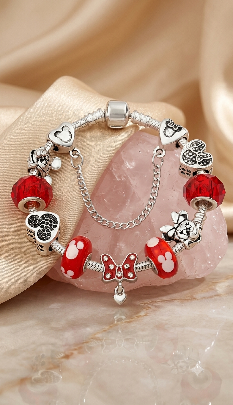 Whimsical Crimson Ribbon Charm Bracelet