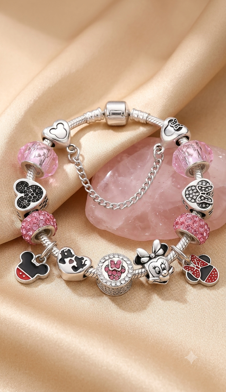 Enchanted Pink Mouse-Motif Charm Bracelet