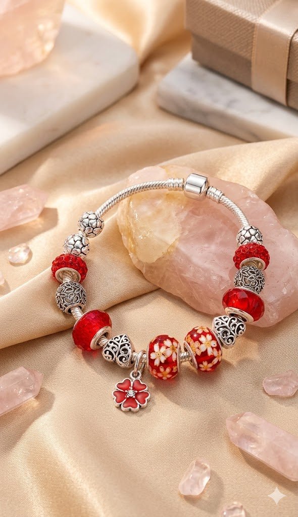 Scarlet Sakura Heart Charm Bracelet - Liora