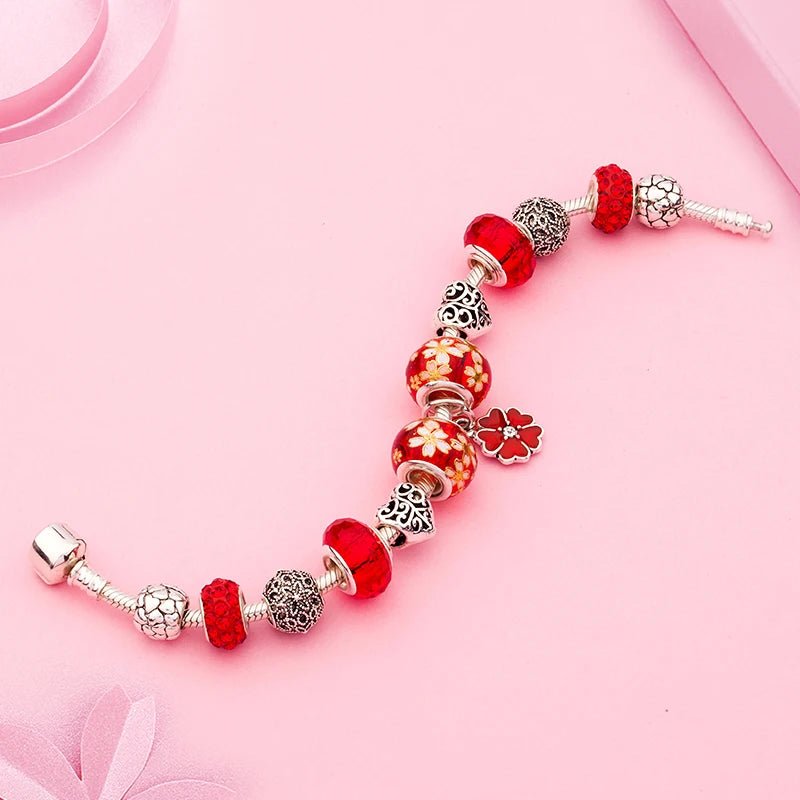 Scarlet Sakura Heart Charm Bracelet - Liora