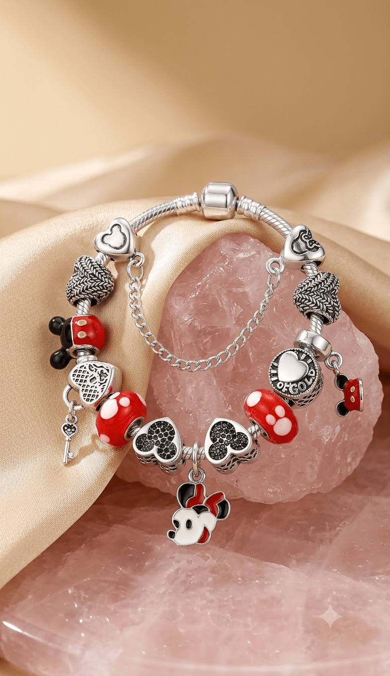 Vibrant Red &amp; Black Pavé Heart &amp; Mouse-Motif Bracelet - Liora