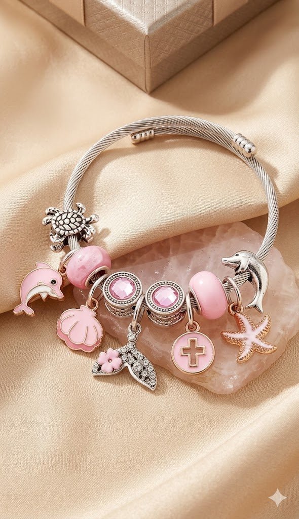 Whimsical Pink Ocean Dreams Charm Bangle - Liora